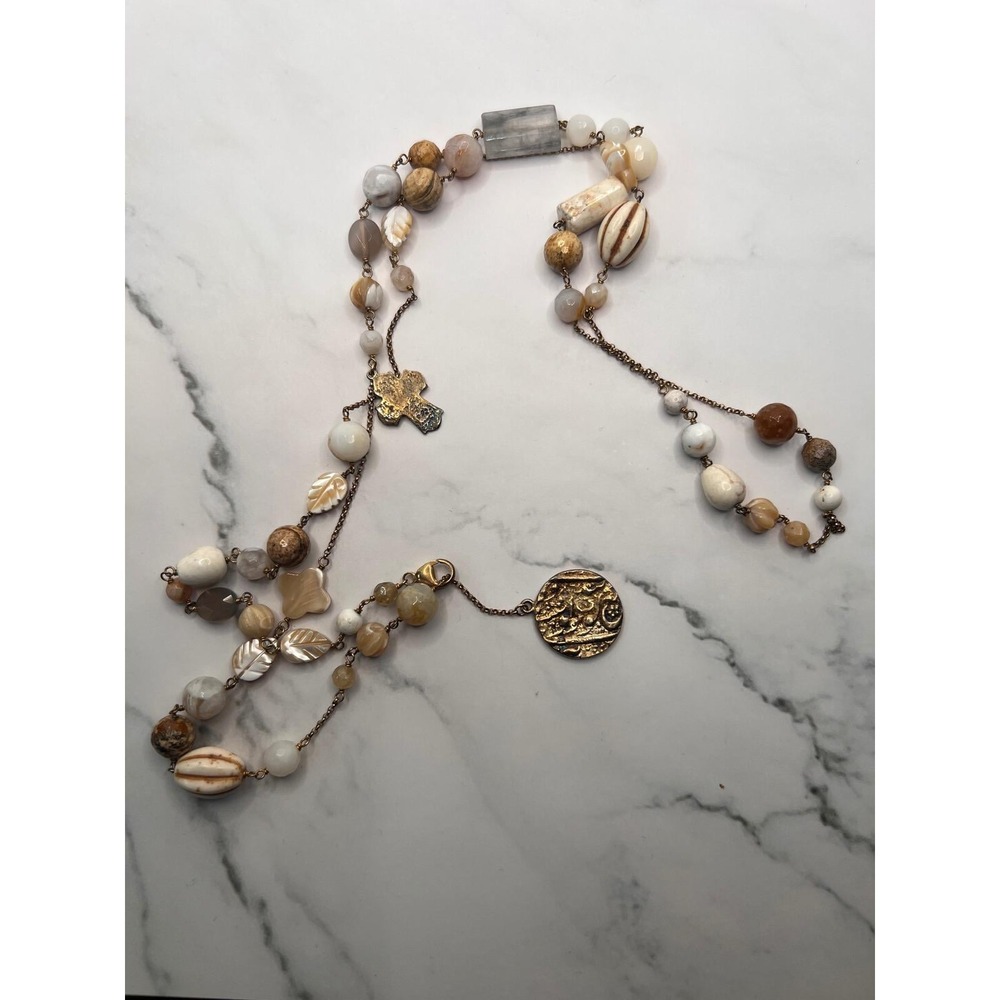 Chan Luu Mixed Stone Shell Leaf Sterling Silver 925 Cross Coin Long Necklace